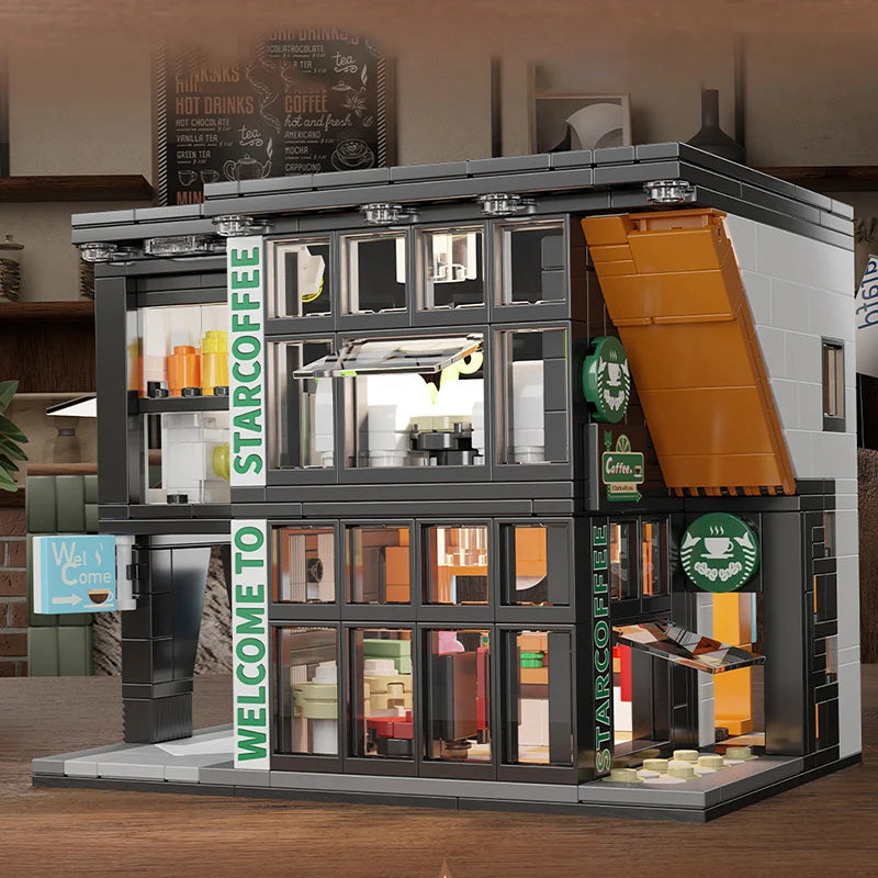 City 581Pcs Star Coffee House With Lights Building Blocks Street View Architecture Cafe Shop MOC Bricks Toys Kids Christmas Gift