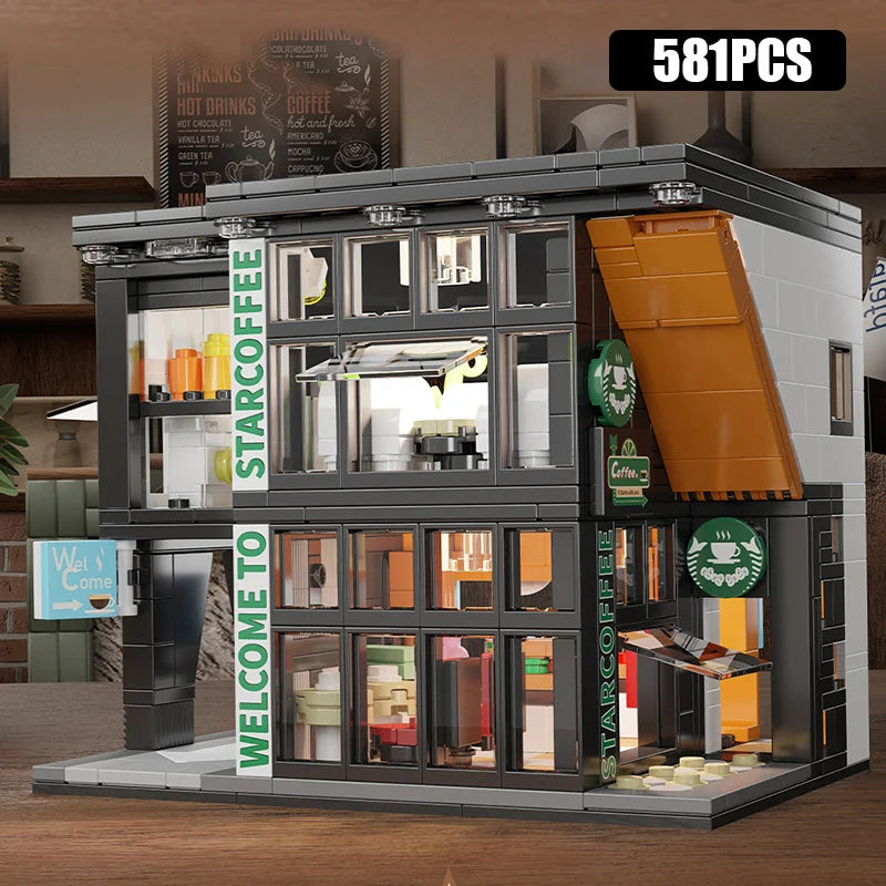 City 581Pcs Star Coffee House With Lights Building Blocks Street View Architecture Cafe Shop MOC Bricks Toys Kids Christmas Gift