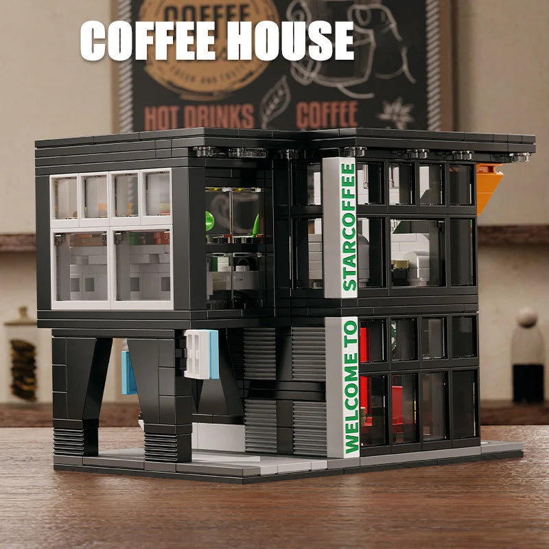 City 581Pcs Star Coffee House With Lights Building Blocks Street View Architecture Cafe Shop MOC Bricks Toys Kids Christmas Gift