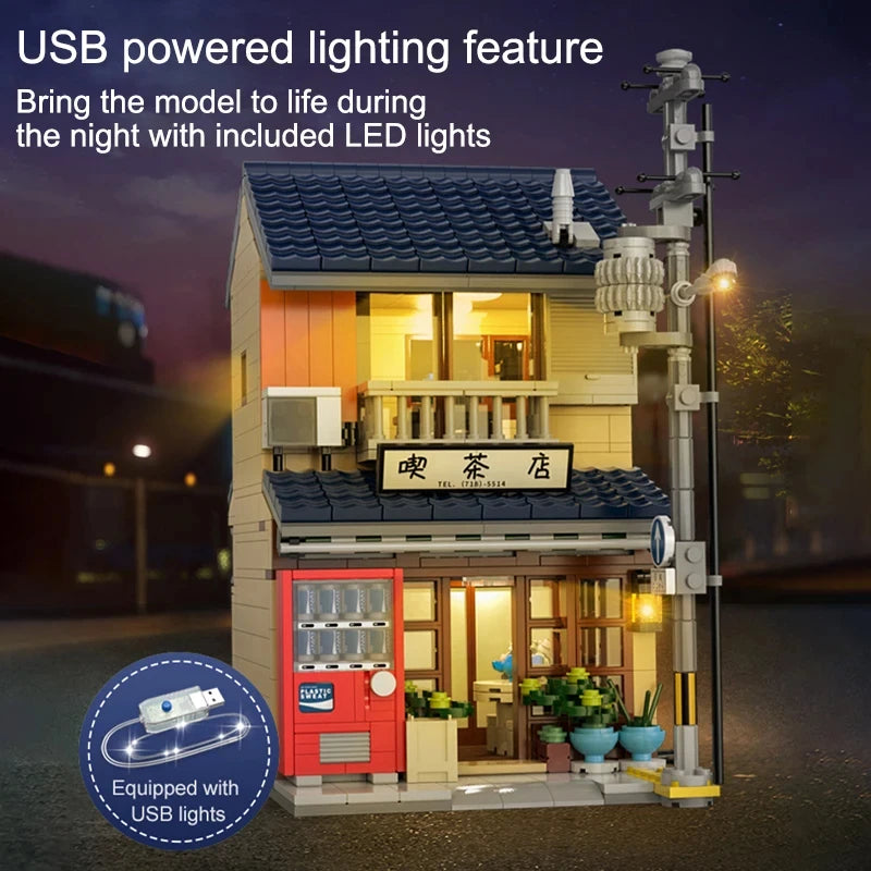 1200PCS JapaneseTea House Building Blocks City Street View Model Bricks Set With Light Idea Desktop Decoration Children DIY Toys