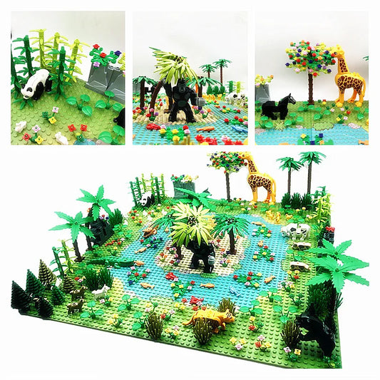 MOC RainForest Animals Jungle Building Blocks Toys Bush Flower Tree Plants Construction Blocks Compatible City Baseplate Bricks