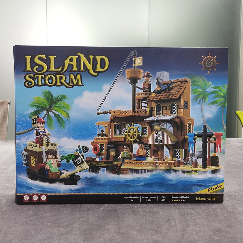 Creative Medieval Pirate Island Fortress Castle Building Blocks Adventure Ship Log Cabin Model Boat Assemble Bricks Toy Kid Gift