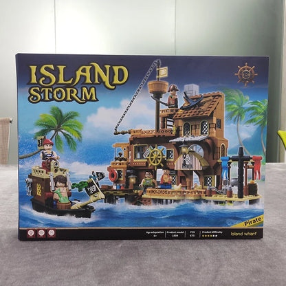 Creative Medieval Pirate Island Fortress Castle Building Blocks Adventure Ship Log Cabin Model Boat Assemble Bricks Toy Kid Gift